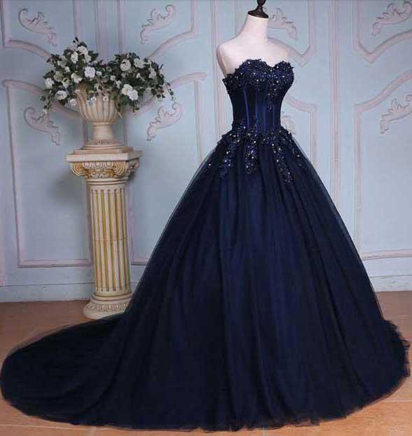 Princess Ball Gown Sweetheart Navy Blue Beads Ruffles Long Tulle Prom Dresses with Lace up WK236