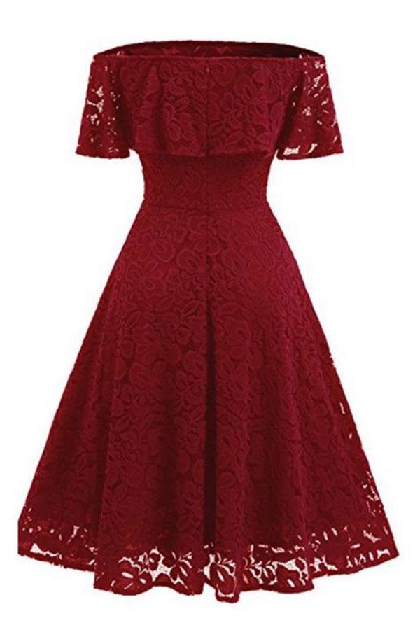 A Line Lace Strapless Off the Shoulder Burgundy Vintage Knee Length Homecoming Dress WK688