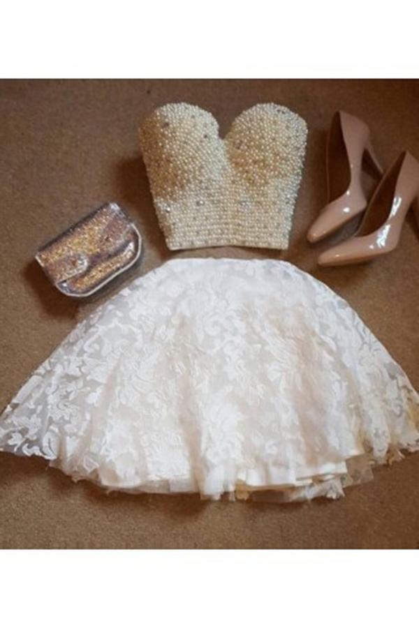 A-Line Two Pieces Sweetheart Short White Lace Knee Length Homecoming Dress with Pearls WK704