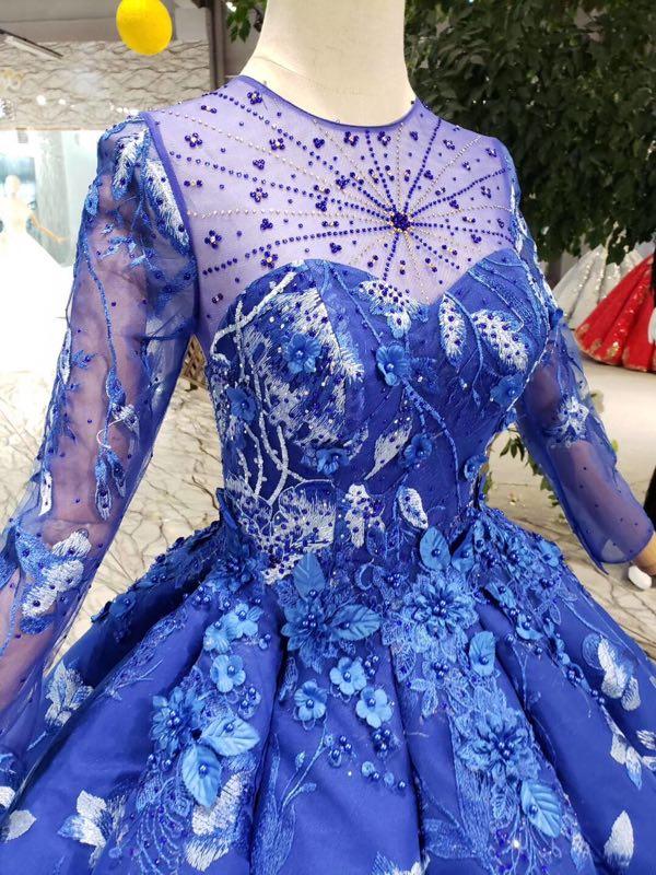 Ball Gown Blue Round Neck Prom Dresses with Beads Lace up Quinceanera Dresses WK784