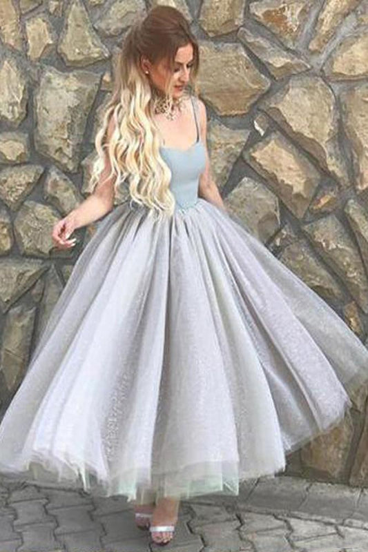 Elegant A Line Spaghetti Straps Sweetheart Tulle Grey Tea Length Homecoming Dresses WK944