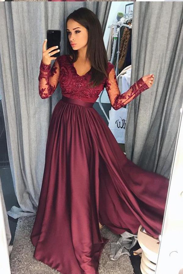 Elegant A-Line Lace Long Sleeves Satin Burgundy Beads Slit V-Neck Prom Dresses WK298