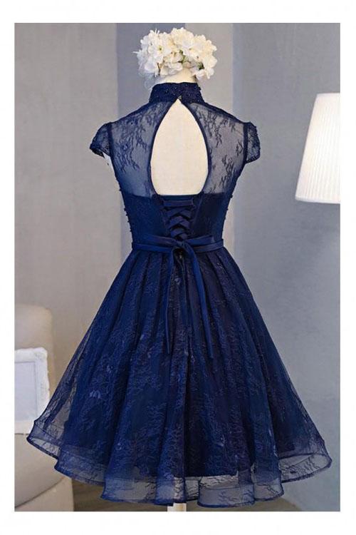 A Line Navy Blue Short High Neck Lace Open Back Cap Sleeve Mini Lace-up Homecoming Dresses WK588