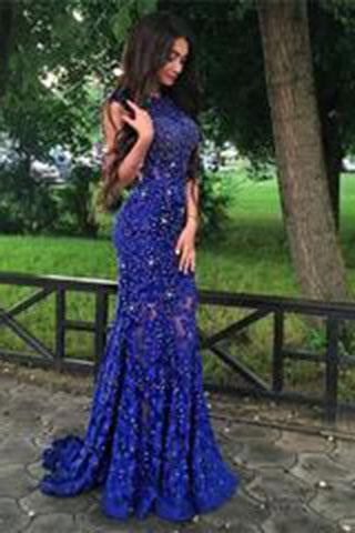 Royal Blue Jewel Sweep Train Lace Backless Mermaid Prom Dress with Beading N36