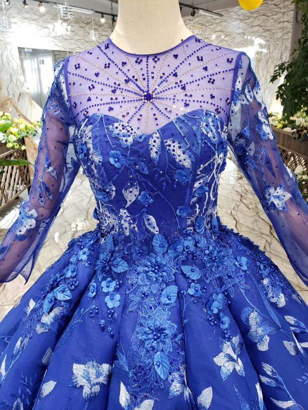 Ball Gown Blue Round Neck Prom Dresses with Beads Lace up Quinceanera Dresses WK784