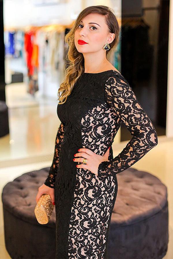 Sexy Black Mermaid Lace Long Sleeve High Neck Floor-Length Backless Plus Size Prom Dresses WK222