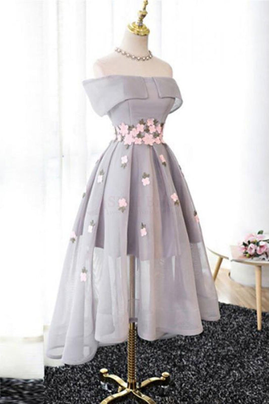 A Line Off Shoulder Grey High Low Homecoming Dress Cocktail Dresses Graduation Dresses WK94