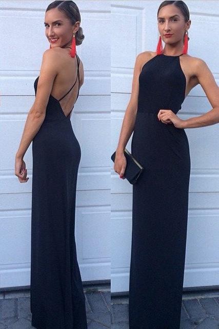 New Arrival Modest Halter Criss-Cross A-Line Long Navy Blue Sleeveless Prom Dresses WK616