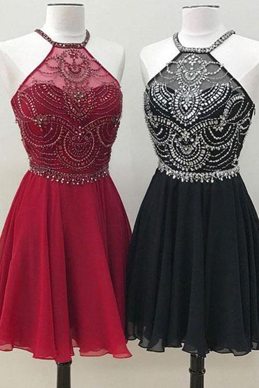 Cute A Line Halter Beaded Short Burgundy Homecoming Dresses Backless Black Hoco Dress WK731