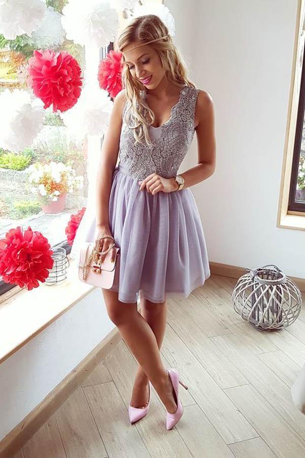 A-Line V-Neck Short Lilac Above Knee Tulle Appliques Homecoming Dress with Lace WK322