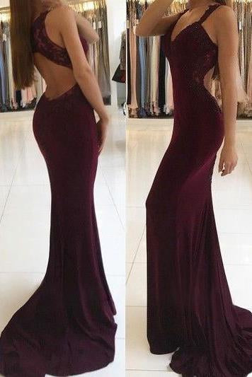 Trumpet Mermaid V-neck Jersey Appliques Burgundy Lace Open Back Prom Dresses WK622