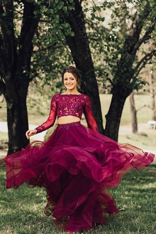 Elegant A Line Two Piece Burgundy Long Sleeve Beads Organza Open Back Long Prom Dresses WK24