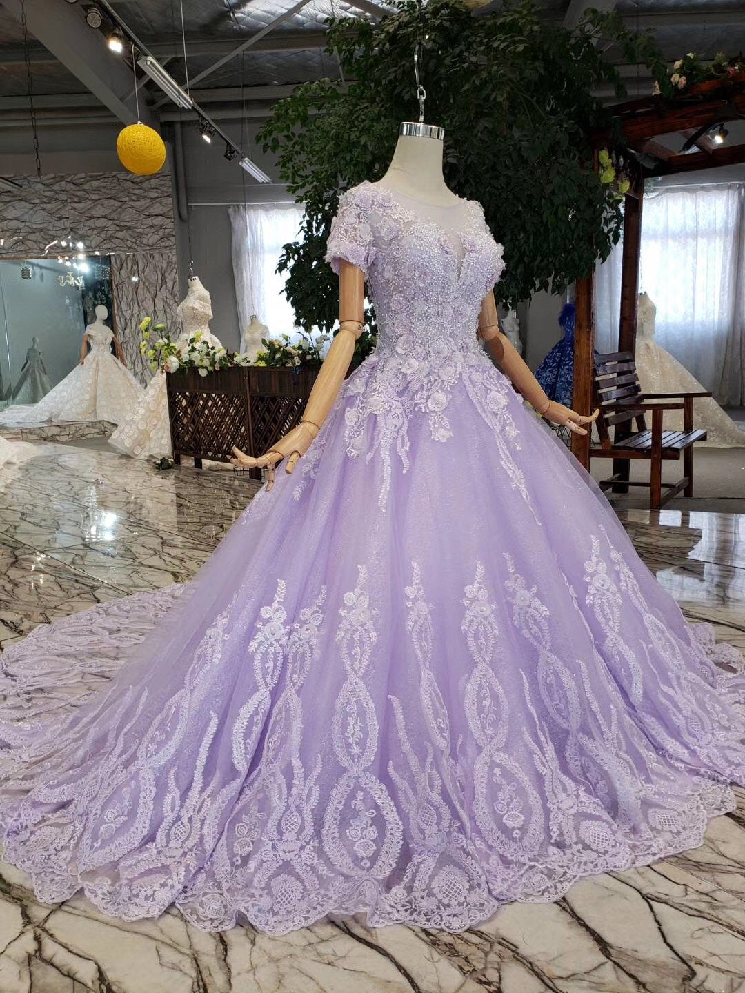 Unique Short Sleeve Lilac Ball Gown Appliques Beading Prom Dress Quinceanera Dress P1134