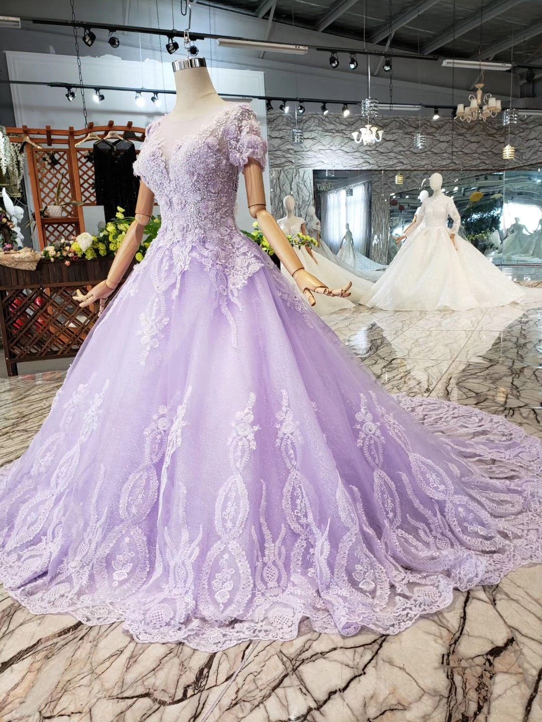 Unique Short Sleeve Lilac Ball Gown Appliques Beading Prom Dress Quinceanera Dress P1134