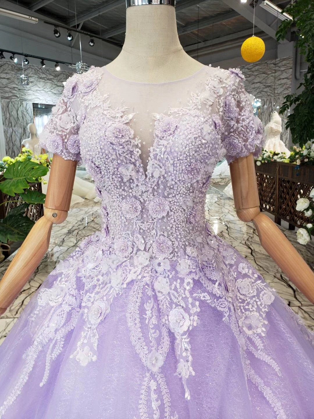 Unique Short Sleeve Lilac Ball Gown Appliques Beading Prom Dress Quinceanera Dress P1134