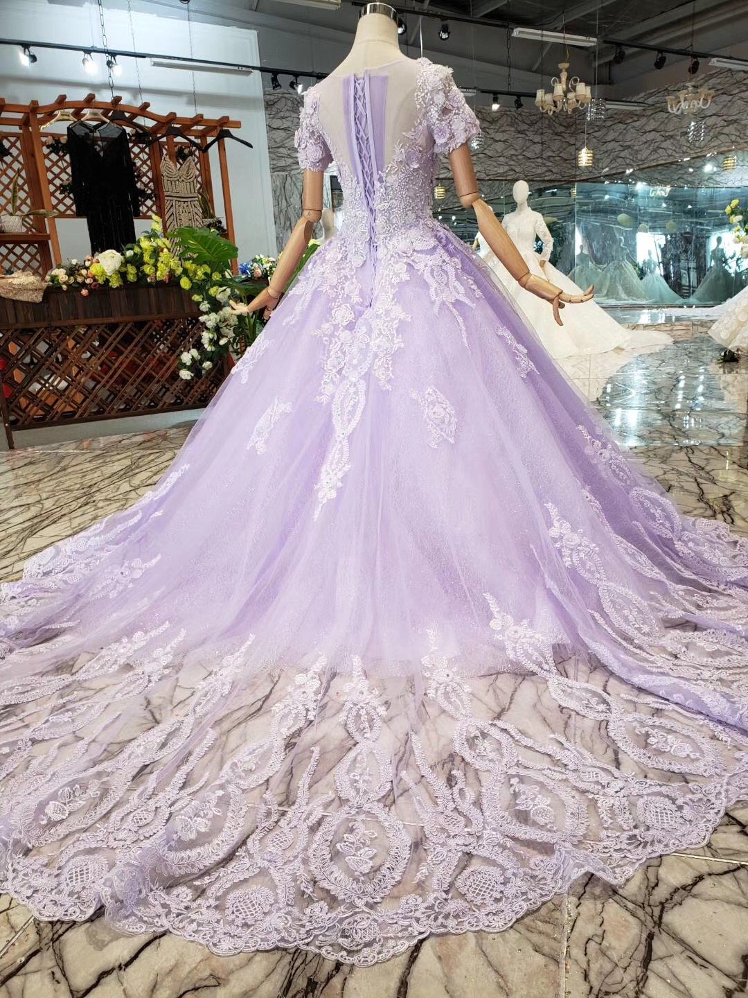 Unique Short Sleeve Lilac Ball Gown Appliques Beading Prom Dress Quinceanera Dress P1134