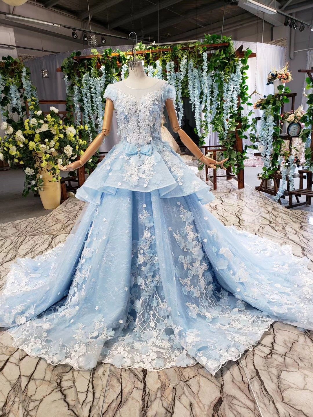 Princess Light Blue Ball Gown Cap Sleeve Prom Dresses with 3D Flowers Quinceanera Dress P1133