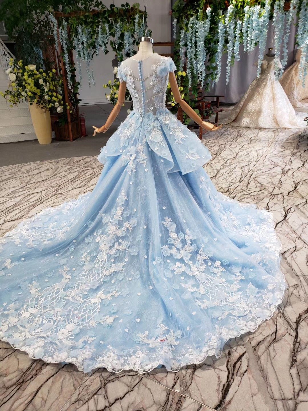 Princess Light Blue Ball Gown Cap Sleeve Prom Dresses with 3D Flowers Quinceanera Dress P1133