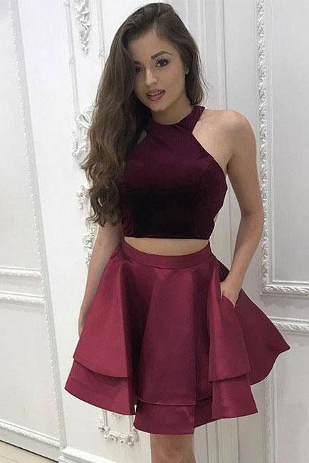 A-Line Two Pieces Scoop Short Satin Burgundy Halter Above Knee Homecoming Dress WK300