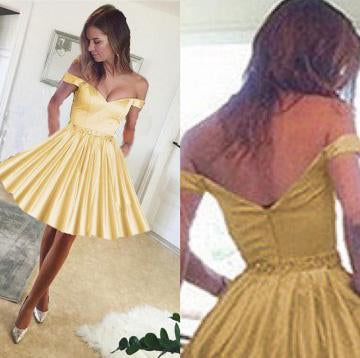 Cute A Line Yellow Off the Shoulder Sweetheart Satin with Pockets Homecoming Dresses WK720