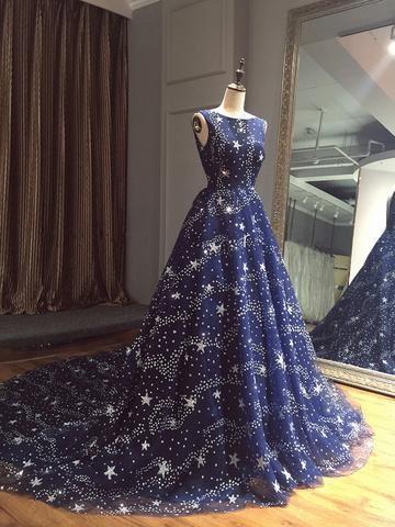 Chic Ball Gown Dark Navy Scoop Sweep Train Tulle Modest Rhinestone Long Prom Dresses WK210