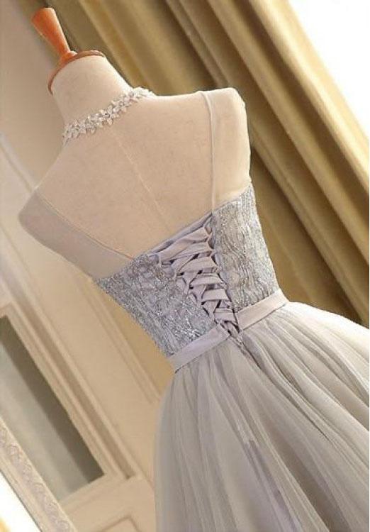 Cute A Line Sleeveless Scoop Short Silver Lace up Tulle Homecoming Dresses with Bowknot WK589