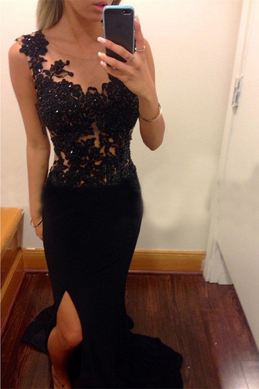 Pretty Mermaid Black Lace Beading Sweetheart With Slit Modest Cheap Prom Dresses WK144