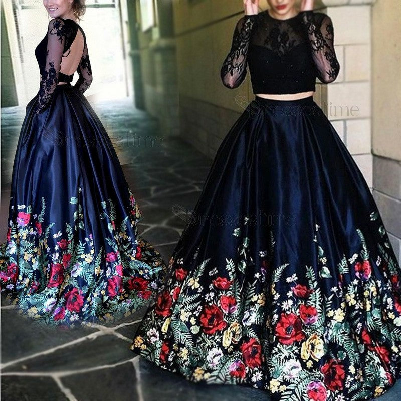 A line Two Piece Black Long Sleeve Prom Dress With Floral Print Skirt Evening Dresses WK672