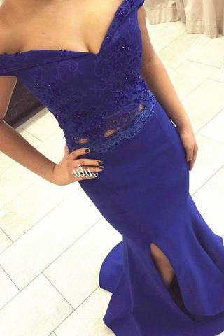 Two Piece Off the Shoulder Sweetheart Mermaid Side Split Long Royal Blue Prom Dresses WK150