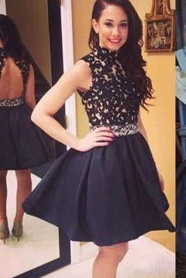 Elegant Short Open Back Lace Black Fitted Halter Cute Mini Homecoming Dresses WK245