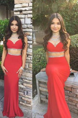 Bg1105 Two Piece Prom Dress Long Chiffon Prom Dress Beading Red Prom Dresses