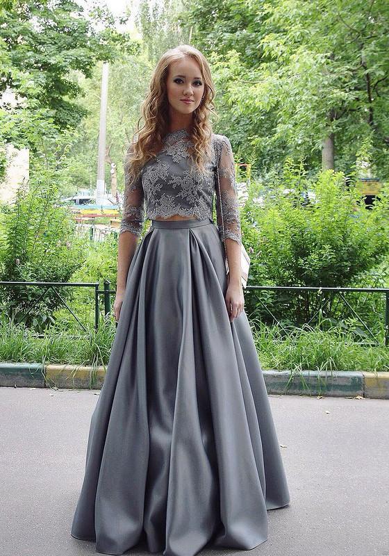 New Arrival Two-Piece A-Line Gray Lace Long Prom/Evening Dress WK420