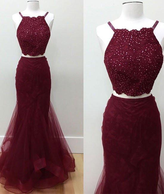 Hot-Selling Two-Piece Mermaid Halter Sleeveless Burgundy Long Prom Dress with Beading WK779