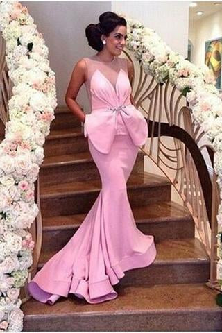 Pink Mermaid Satin Sheer Backless Prom Dress Sexy Formal Dress Bling Prom Dresses WK722