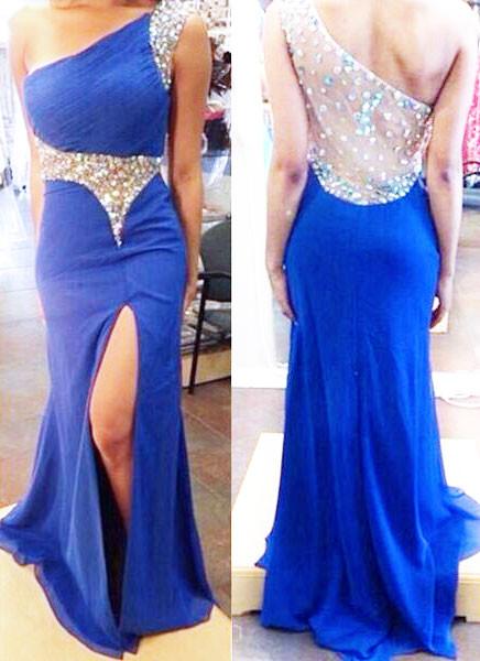 Gorgeous Royal Blue One Shoulder Crystal With Slit Floor Length Prom Dresses WK138