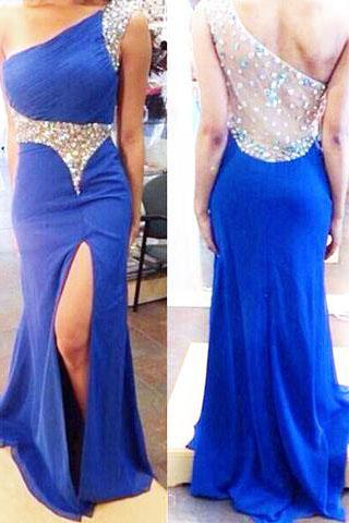 Gorgeous Royal Blue One Shoulder Crystal With Slit Floor Length Prom Dresses WK138