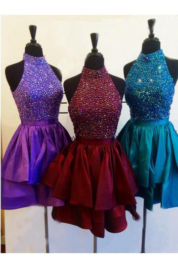 Unique A Line High Neck Taffeta with Beads Short Prom Dresses Homecoming Dresses WK943