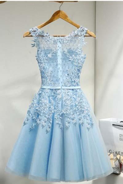 Light Sky Round Neck Tulle Appliques Short Sleeveless Graduation Homecoming Dress WK220