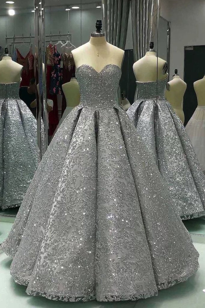 Sweetheart Gray Sleeveless Long Sequins Strapless Ball Gown Shiny Winter Prom Dresses WK575