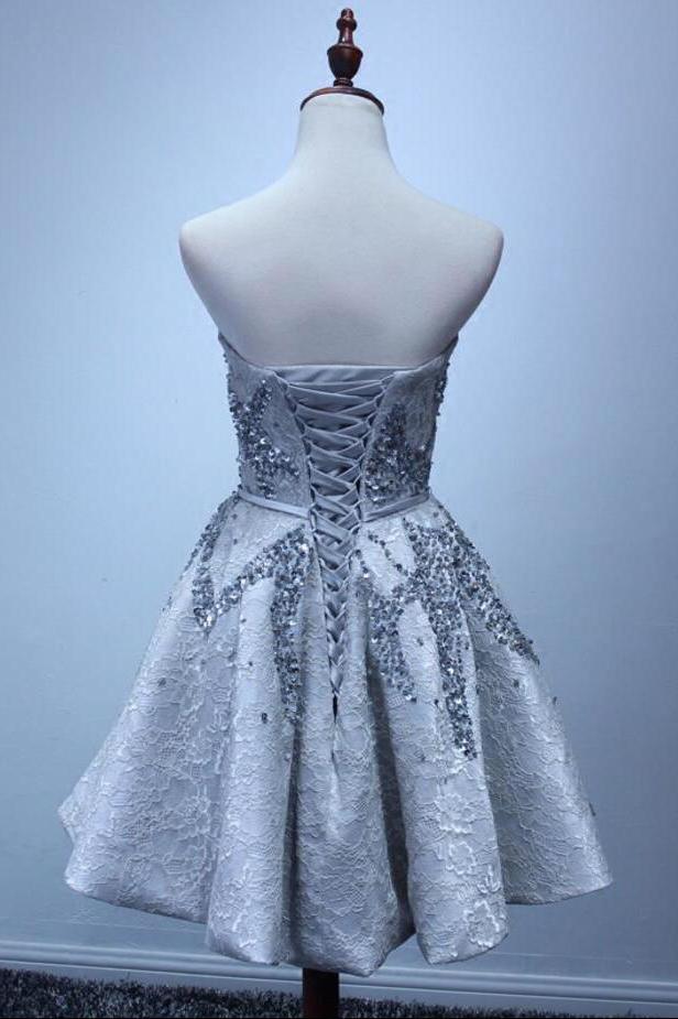 A Line Silver Strapless Mini Lace Shinny Sequin Lace up Appliques Homecoming Dresses WK828