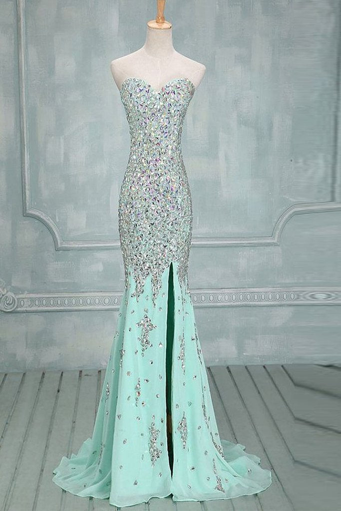 Sexy Mermaid Rhinestones Sweetheart Front Split Mint Chiffon Prom Dresses WK620