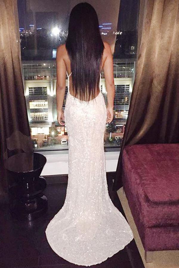 Mermaid Deep V-Neck Sweep Train Backless Criss-Cross Straps Ivory Sequined Prom Dresses WK169