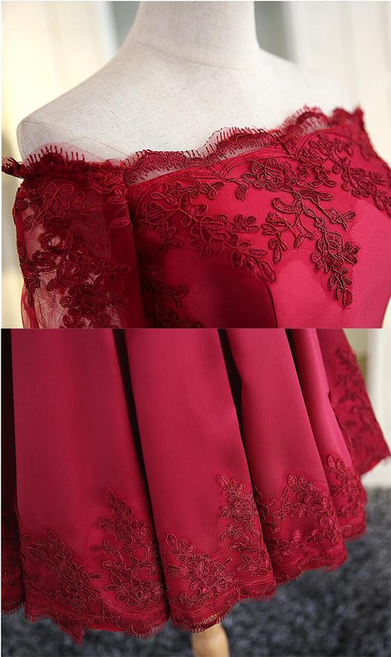 A Line Short Sleeves Satin Lace Appliques Lace up Scoop Short Prom Dress Homecoming Dresses WK752