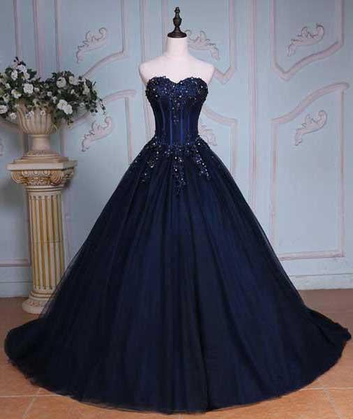 Princess Ball Gown Sweetheart Navy Blue Beads Ruffles Long Tulle Prom Dresses with Lace up WK236