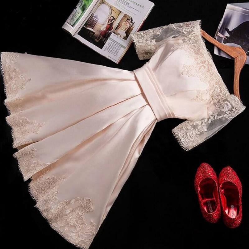 A Line Short Sleeves Satin Lace Appliques Lace up Scoop Short Prom Dress Homecoming Dresses WK752