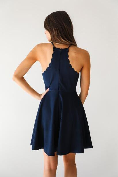 A Line Dark Navy Cute Halter High Neck Satin Short Homecoming Dress WK267