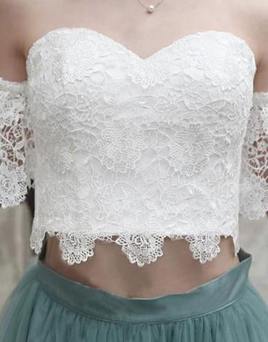 White Lace Tulle Two Pieces Off Shoulder Short Sleeve Short Prom Dress Homecoming Dress WK454