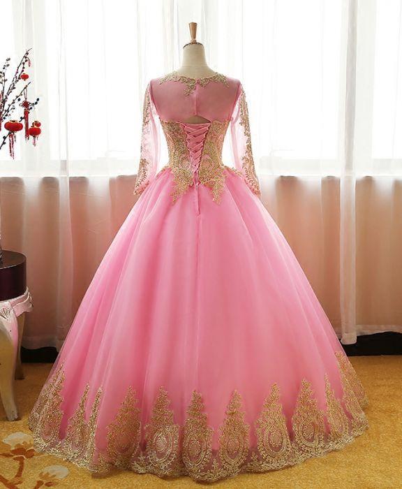 Ball Gown Long Sleeve Gold Rose Red Tulle Round Neck Lace up Prom Quinceanera Dresses WK147