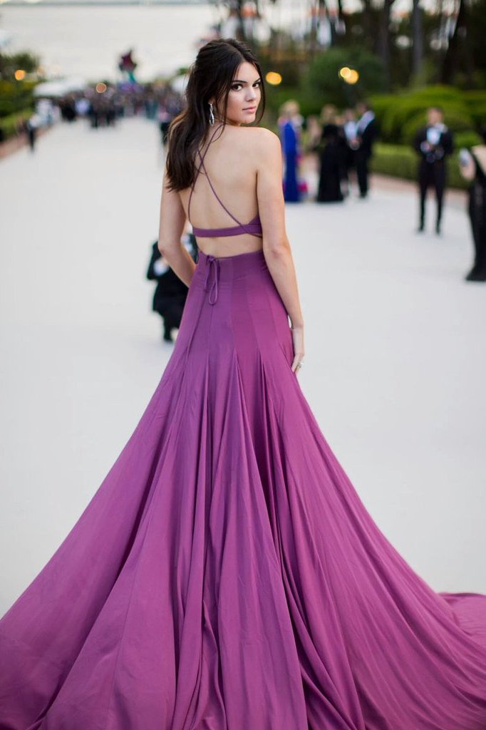 Spaghetti Straps Purple Gorgeous A-Line Chiffon Long Open Back Prom Dresses WK489