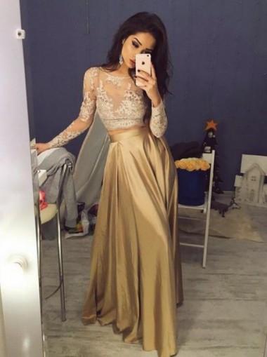 Elegant Long Sleeves Crew Stain Prom Dress/Evening Dress WK652